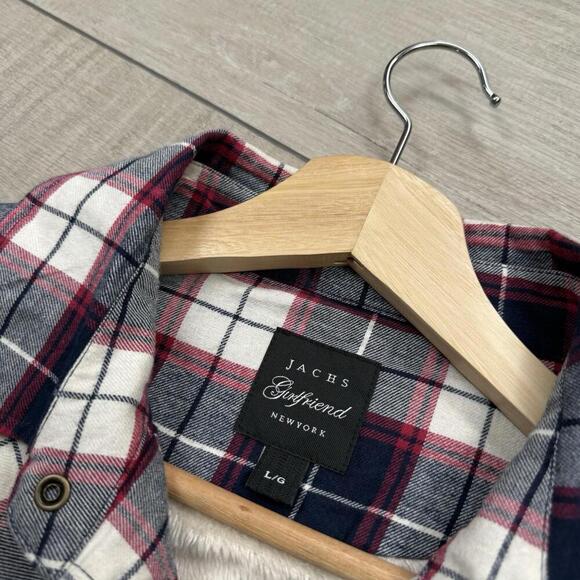 Jachs Girlfriend Sherpa Lined Flannel Shirt Overshirt Plaid Red Navy White Sz L - Picture 2 of 10